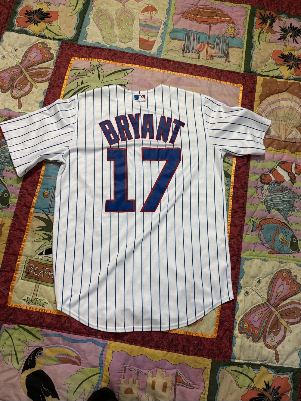 Cubs Kris Bryant 17 White Pinstripe Majestic Cool Base Jersey Medium